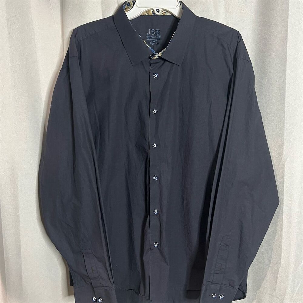 JSS Men's 4XL Gray Long Sleeve Button-Up Shirt Floral Collar Detail
